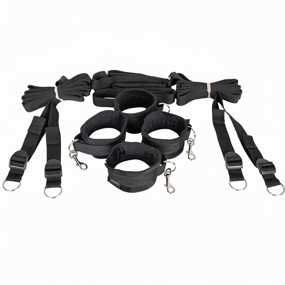 Комплект для фіксації до ліжка з манжетами для рук і ніг, чорний, ремінна система під матрац 4,2 м, фото 1