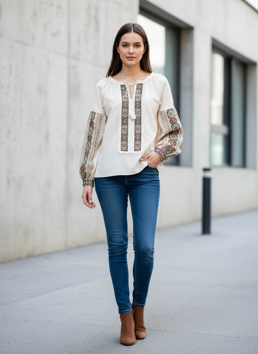 Жіноча вишиванка з геометричним орнаментом ESQ 2539, світло-бежева, фото 1