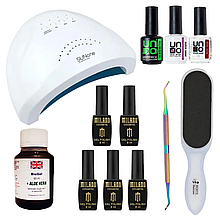 Набір для манікюру та педикюру з лампою LED+UV Sun One 24/48 Вт, гель лак, біогель, база топ UNO