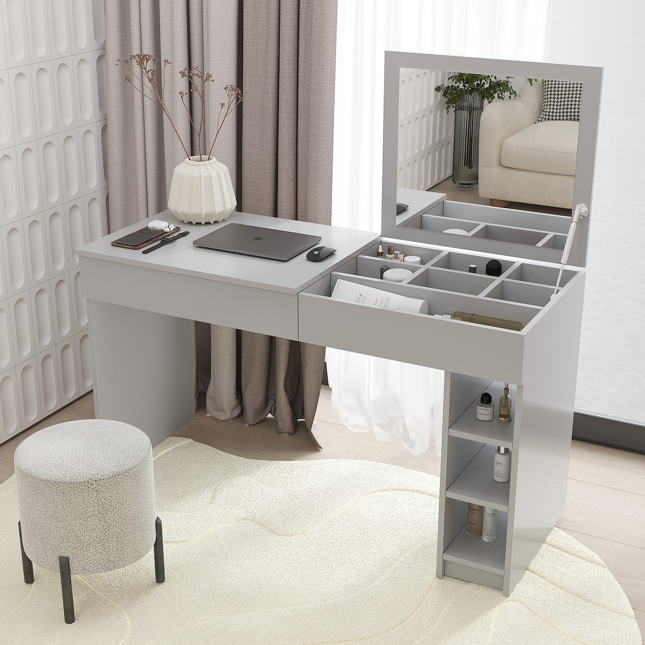 Стіл-трансформер 2в1: письмовий та туалетний з дзеркалом 750х1300х530мм Сірий, фото 1