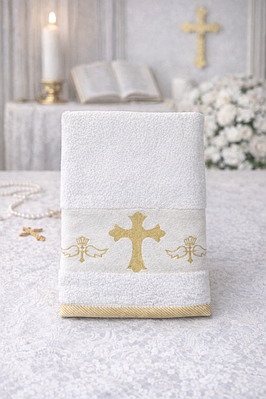 Крижма для хрещення махрова з золотистим хрестом (70х140 см)