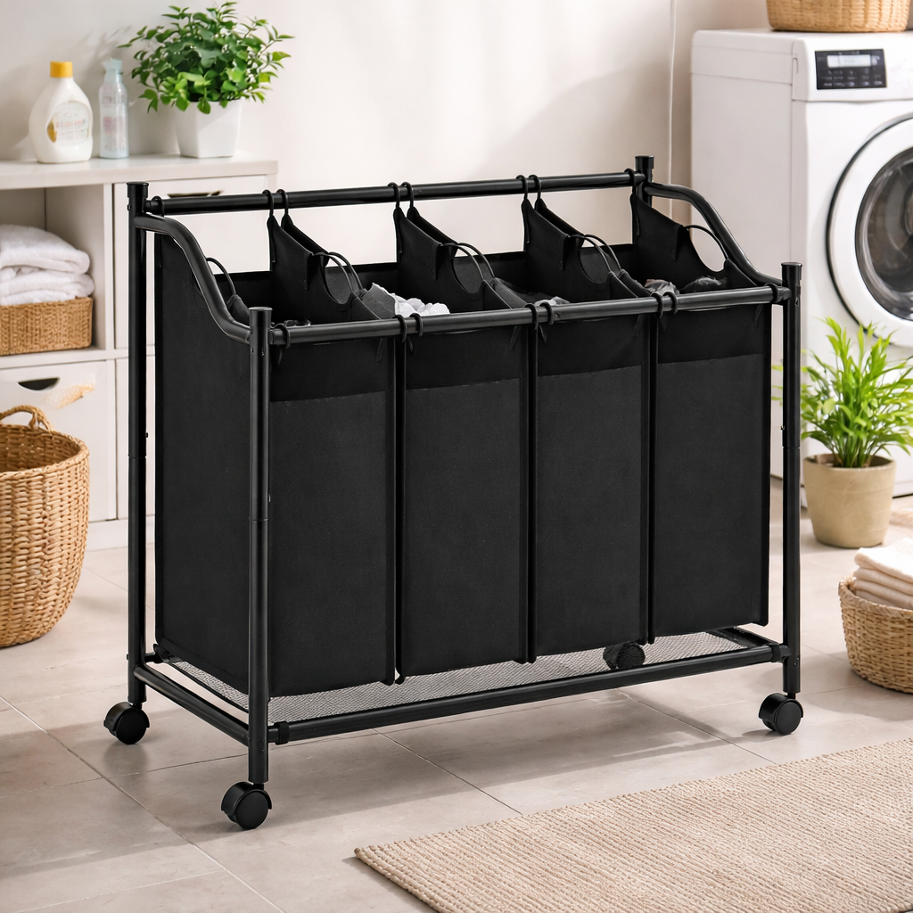 Кошик для білизни Leobert Breesal з 4 відділеннями по 35 л на колесах металевий каркас тканина 600D чорний до 40 кг