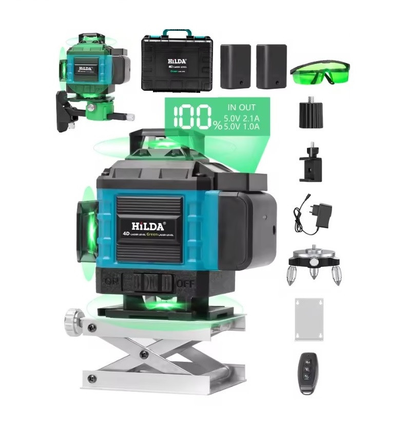 Лазерний рівень нівелір  HILDA 4D 16 ліній — професійний лазерний рівень ,2 акумулятори  ,Кейс ,Відкаліброванний, фото 1