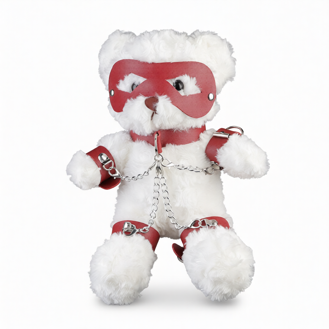 Білий плюшевий ведмедик у червоному бондажі з маскою, нашийником, манжетами та ланцюгами BDSM, фото 1