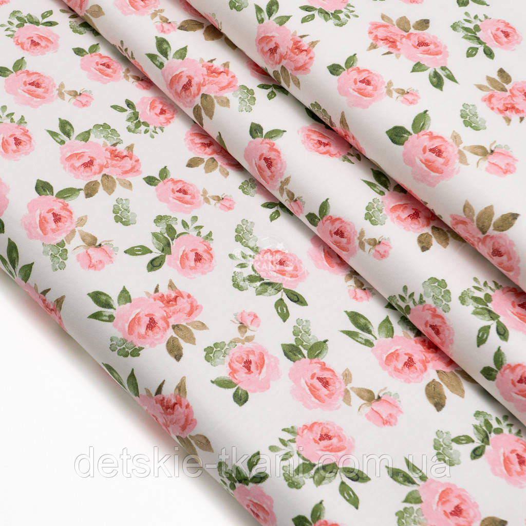 Сатин "Рожеві троянди з акварельним зеленим листям", №5912с, фото 1