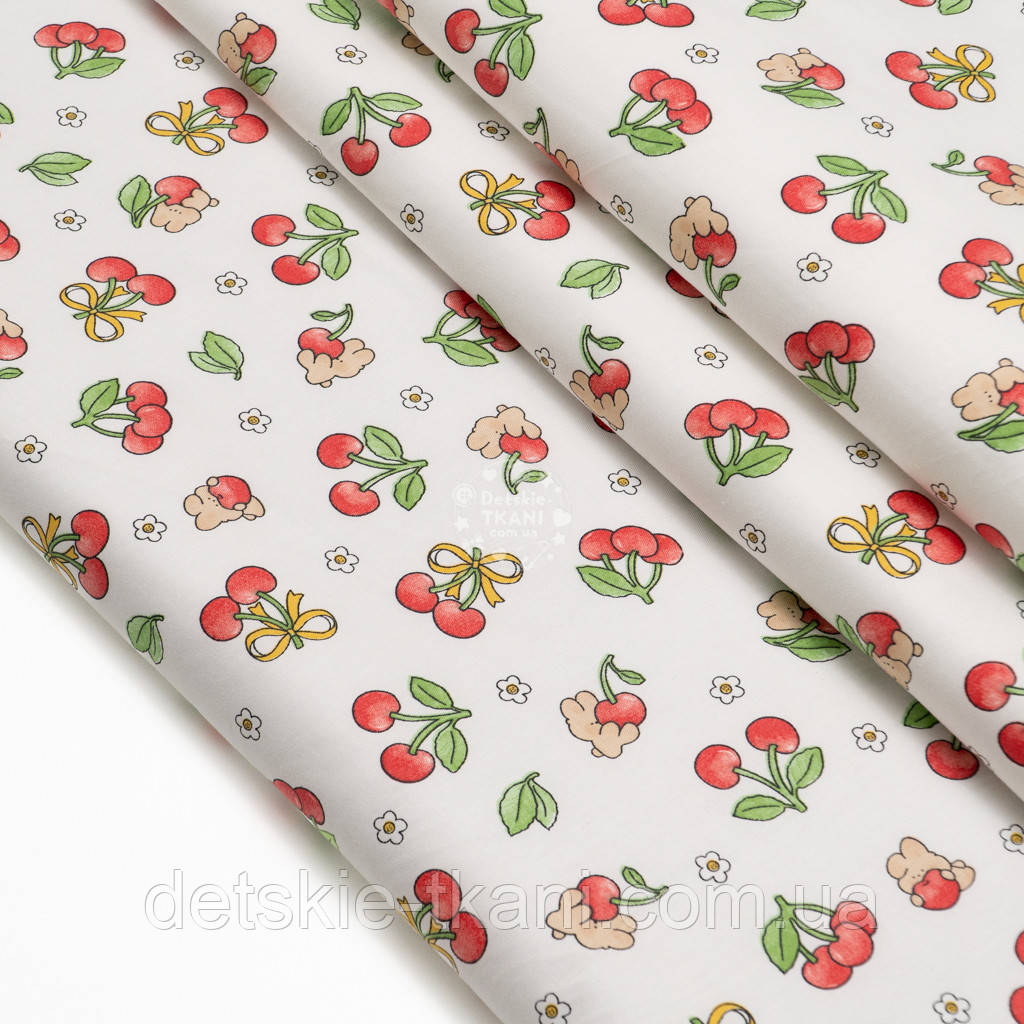 Сатин "Вишеньки з бантиком і зайчик", №5910с, фото 1