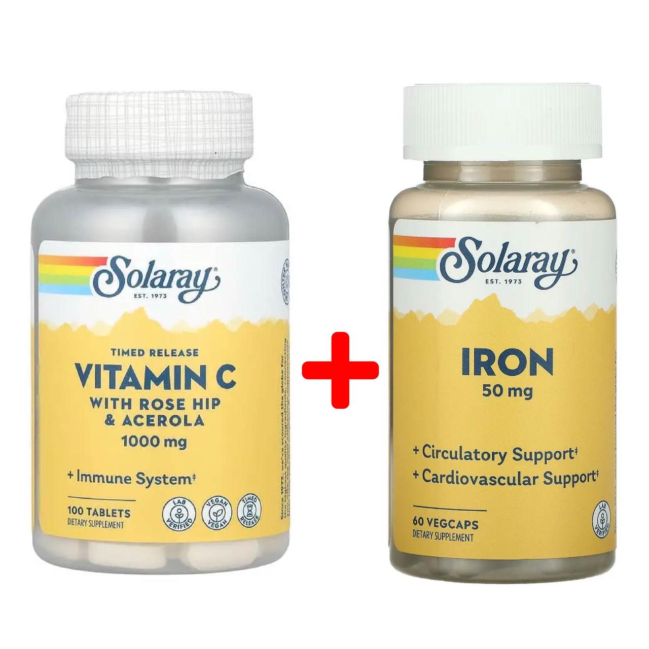 Комплекc вітамінів для підвищення феритину Solaray Вітамін С 1000 мг 100 табл + Залізо 50 мг 60 капс, фото 1