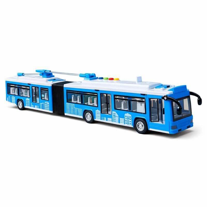 Тролейбус гармошка іграшковий 48 см, синій — міський електротранспорт з підсвіткою салону, арт. 58095A, фото 1