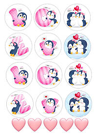 Вафельний декор для капкейків  "LOVE" пінгвіни /ВК-0338/  - А4