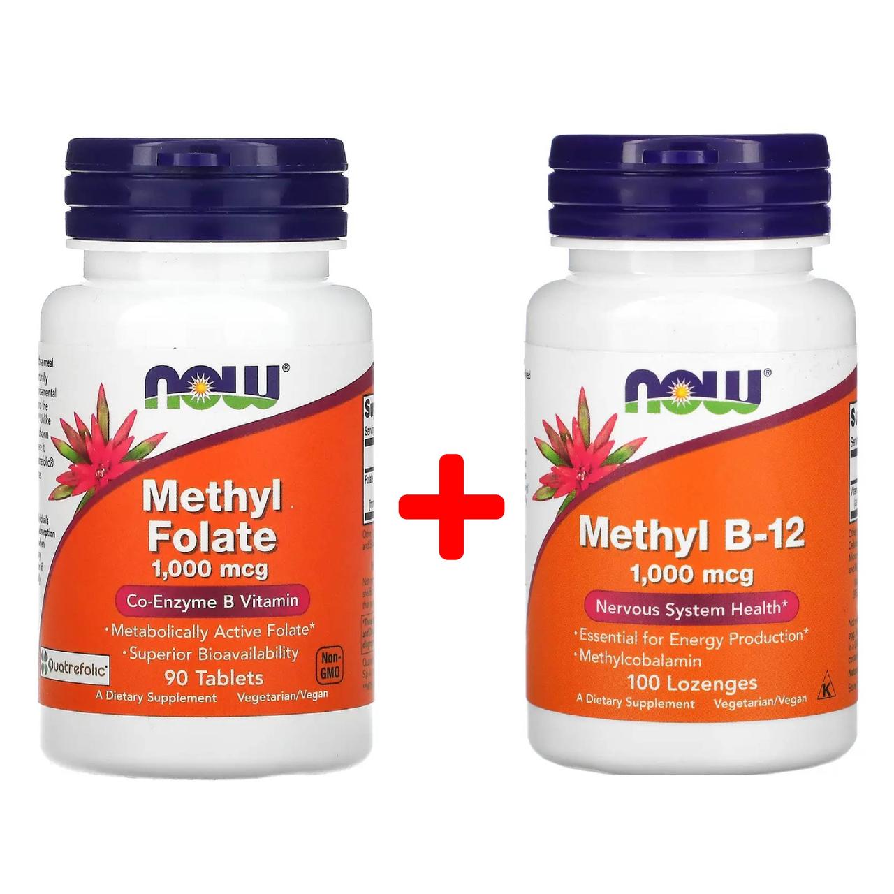 Комплекc вітамінів для зниження гомоцистеїну Now Foods Метилфолат 1000 мкг 90 табл + Вітамін В12 1000 мкг 100 пастилок, фото 1
