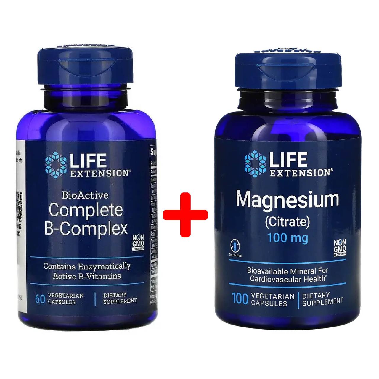 Комплекc вітамінів для підтримки нервової системи Life Extension Вітаміни групи В 60 капс + Магній цитрат 100 мг 100 капс, фото 1