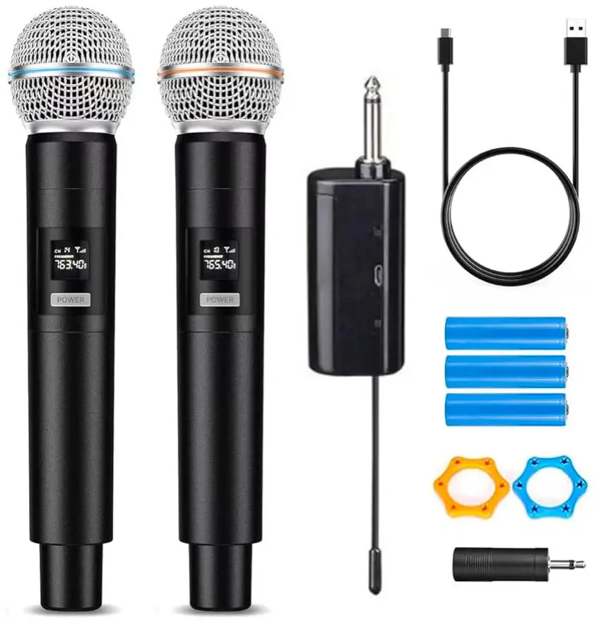 Мікрофони бездротові радіо для караоке, 2 шт + ресивер, UHF, з дисплеєм, чорні, фото 1