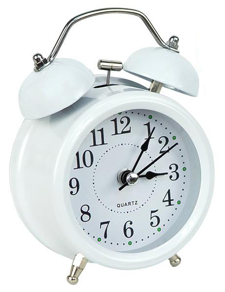 Годинник будильник настільний у ретродизайні 12×8×4 см на батарейках із підсвіткою, гучність регулюється, залізний корпус, білий, фото 1