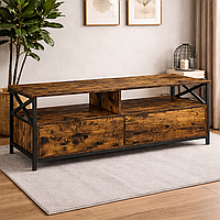 Тумба під телевізор Leobert Kamila у стилі Loft з 2-ма шухлядами та полицями  з металевим каркасом коричнева 120×40×50 см