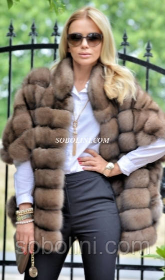 Шикарна шуба з хутра соболя в стилі кімоно, комір-стійка, фото 1