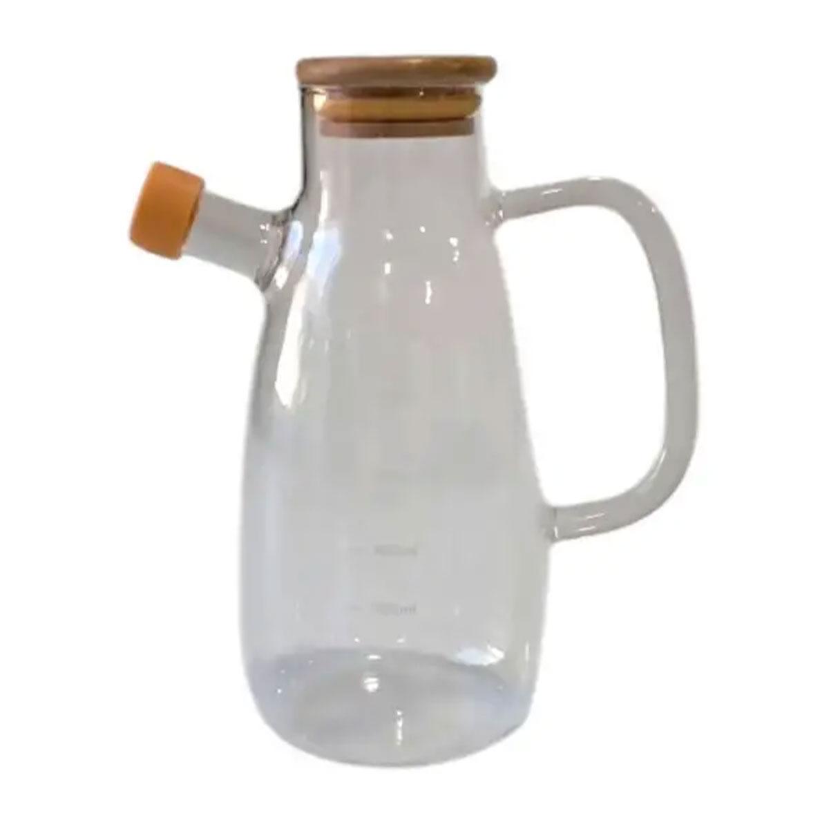 Скляна пляшка для олії та оцту з носиком і дозатором 650 мл, кришка з дерева, квадратна ручка HP-34-1-650, фото 1