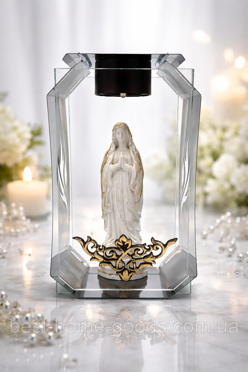 Лампадка на сонячній батареї прозора зі скла з Матір'ю Божою | нержавіюча сталь срібляста | LED 19 см | Польща, фото 1