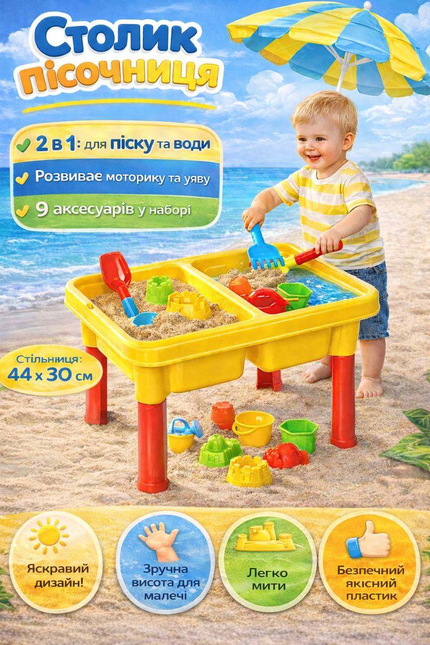 Ігровий столик пісочниця 2 в 1M 0831 з набором пасочок для гри з водою та піском Жовтий, фото 1
