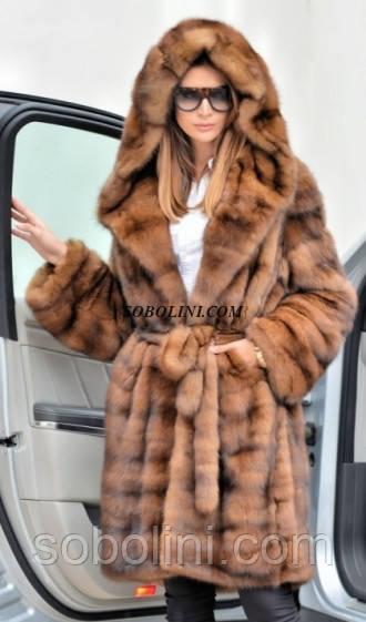Чудова шуба з хутра соболю з капюшоном "кобра", під пояс, довжина 90 см, фото 1