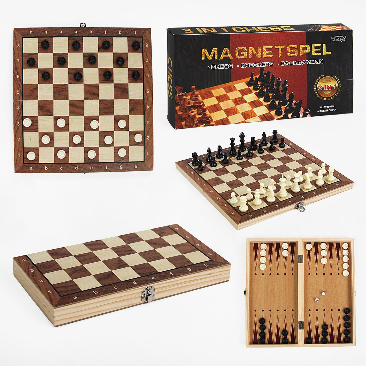 Шахи магнітні 3 в 1 (шашки, нарди, дерев'яна дошка 29х29 см) C 61552, фото 1