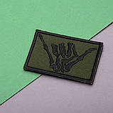Набір шевронів 2 шт. із липучкою Скелет рука, Hand Shaka 5х8 см хакі, вишитий патч шеврон, нашивка, липучка, фото 9