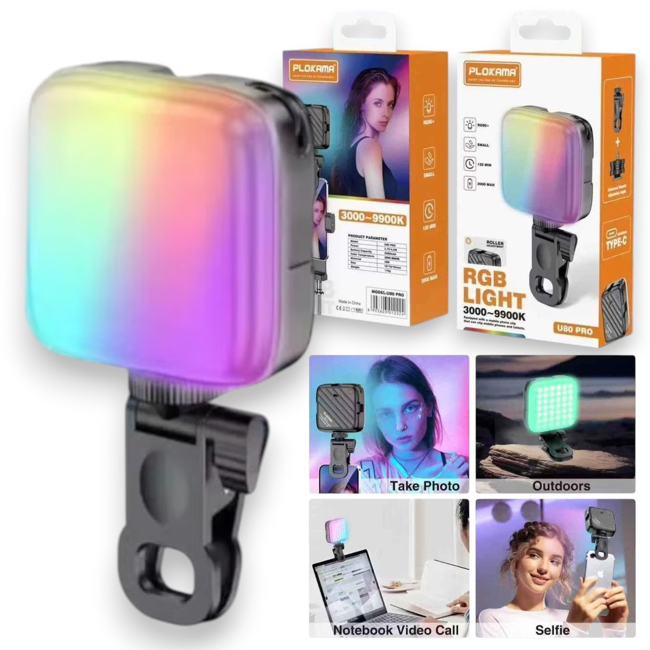 Фото Відеосвітло Plokama U80 Pro RGB 70×70 мм, портативна LED лампа для фото та відео, 2000mAh, кліпса, Type-C, фото 1