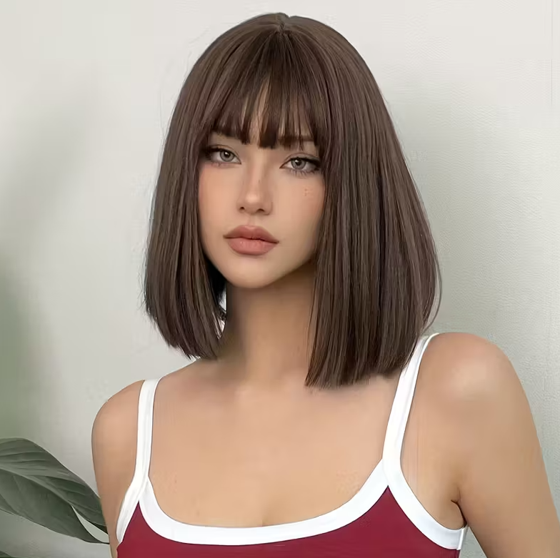 Перука каре з чубчиком колір кава рівна 35 см термостійка натуральний вигляд термоволокно, фото 1
