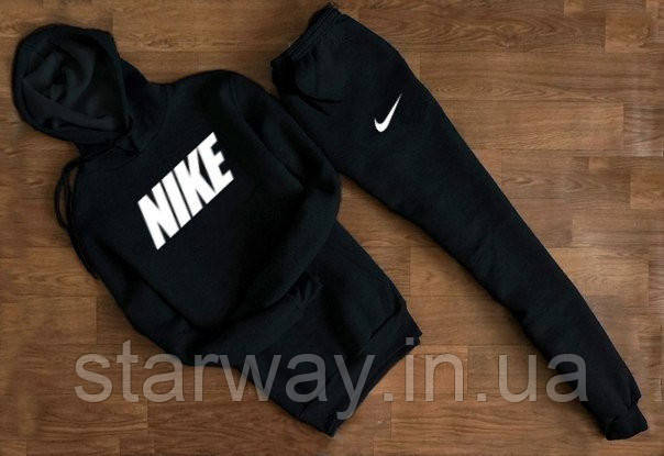 Чоловічий чорний спортивний костюм Nike з капюшоном | найк біле лого