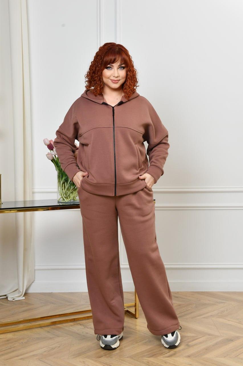 Зимовий з начосом спортивний жіночий костюм з капюшоном батал колір мокко