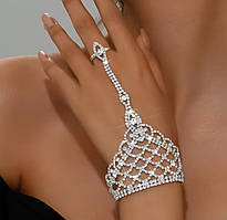 Браслет із кільцем / Слейв / Ажурне плетіння зі стразами / Сріблястий