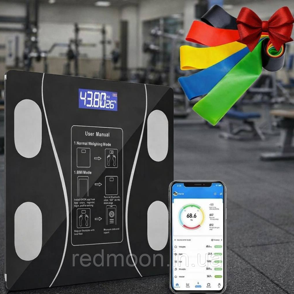 Смарт ваги підлогові Bluetooth A-8003 до 180 кг + Резинки для фітнесу TTCZ 5 шт / Розумні ваги підлогові з додатком, фото 1