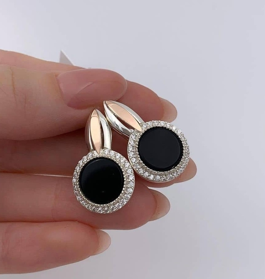 Сережки срібні з чорним оніксом круглої форми та золотими вставками «Прованс» | 925/375, фото 1
