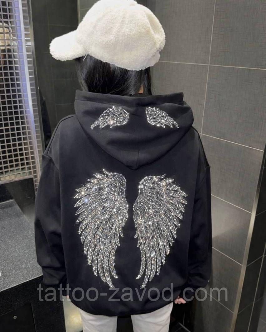 Худі жіноче оверсайз із крилами на спині з каменів 42-46 тринитка на флісі, фото 1