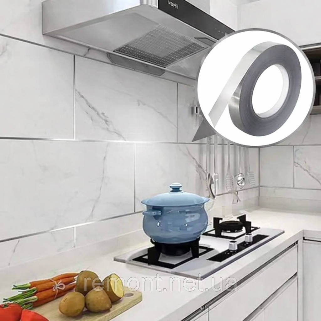 Самоклеюча декоративна стрічка «Срібло» рулон - 10 мм × 50 м | Для швів плитки, декору стін, меблів та дверей, фото 1