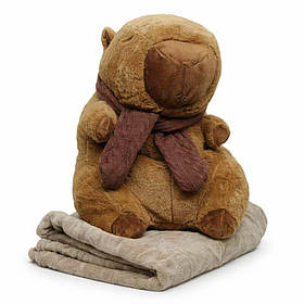 Капібара з пледом 180×100 см — м'яка іграшка водосвинка 40 см, плюшева 2в1, коричнева, M18206-2