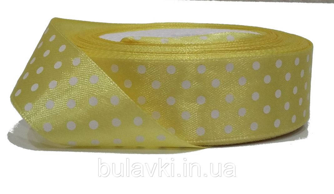 Стрічка атласна 2,5 см. біла в чорний горох