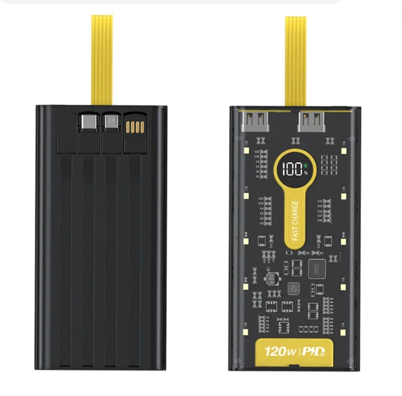 Повербанк 30000 mAh із вбудованими кабелями та LED ліхтарем, фото 1