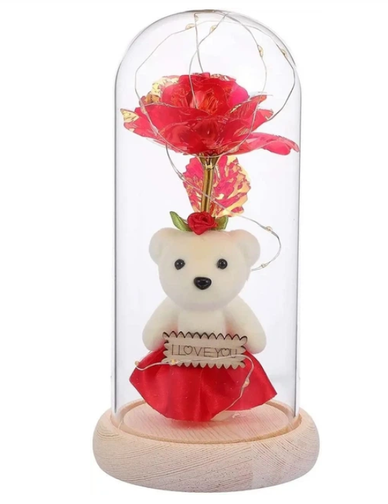 Роза в колбе с мишкой и сердцем I Love You — LED светильник «Мишка в колбе», фото 1