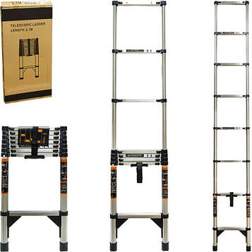Телескопічна драбина 3,1 м компактна складна з нержавіючої сталі витримує вагу до 150 кг в складеному вигляді 80×40 см, вага 8 кг