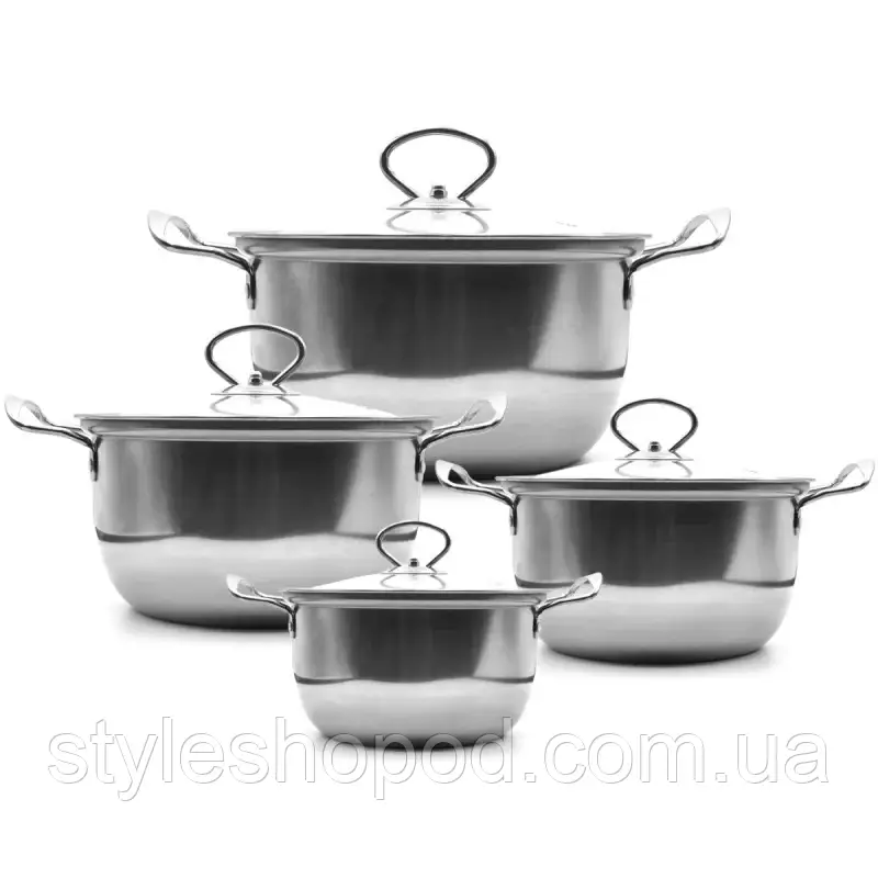 Набір каструль з нержавіючої сталі зі скляними кришками, 8 предметів (16–22 см), фото 1