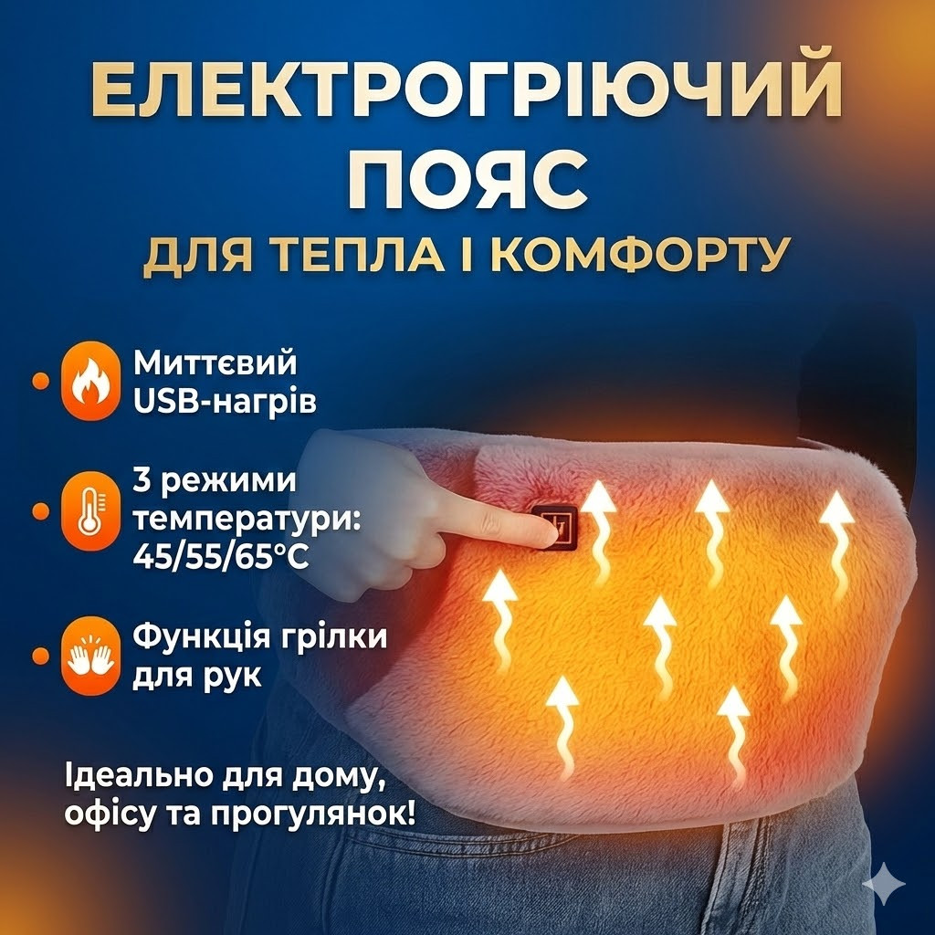 Електропояс із підігріванням USB 105×20 см, графенове нагрівання, 3 режими, портативний, сірий, фото 1