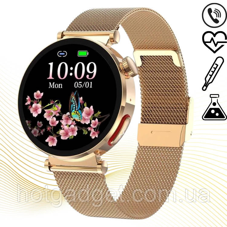 Смарт годинник жіночий LEMFO ET490 Gold (розмова, тонометр, температура, пульсоксиметр, глюкометр), фото 1