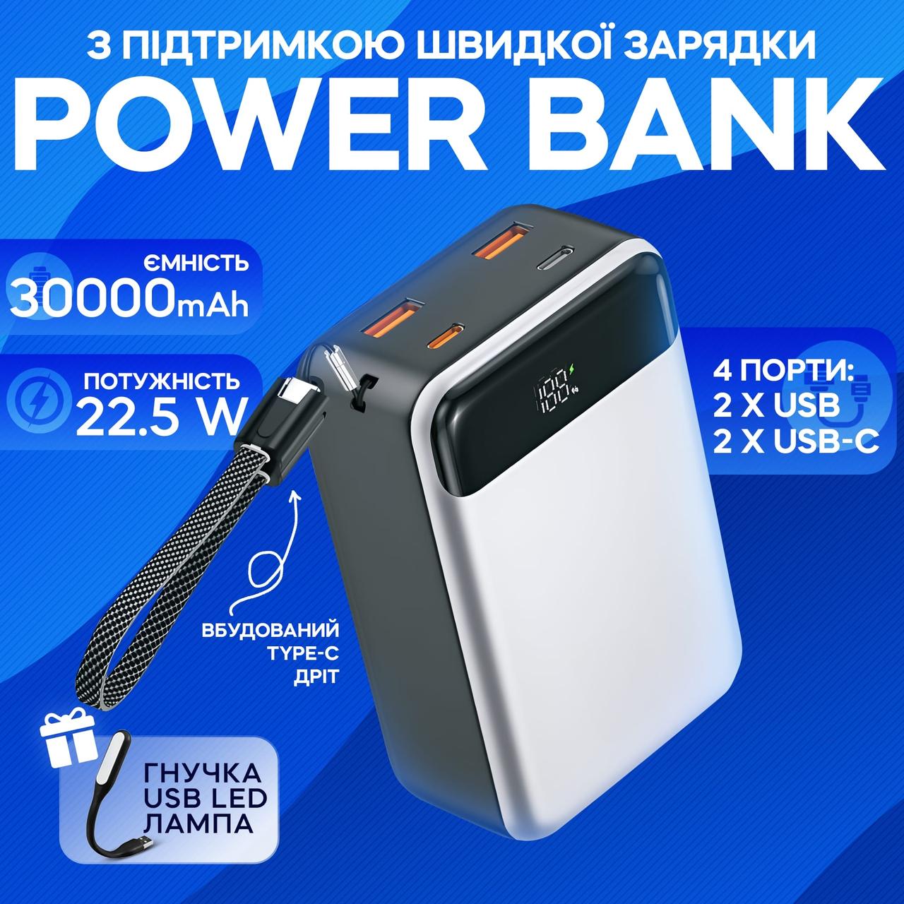 Повербанк KP KPG-316 30000 mAh 22.5W Power bank зовнішній акумулятор з швидкою зарядкою для телефону планшета кільцевої лампи, фото 1