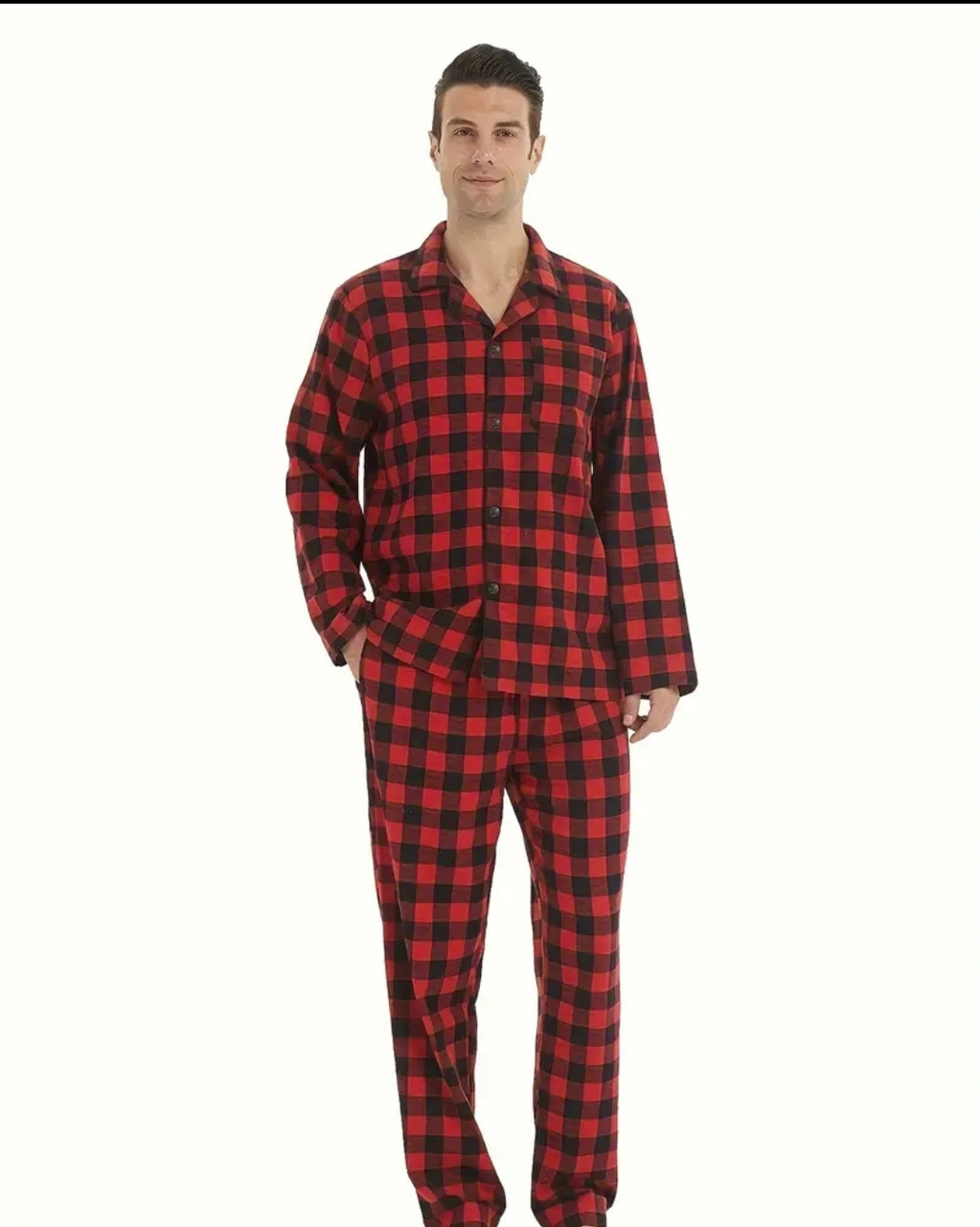 Чоловіча піжама червона картата хатній комплект сорочка та штани тепла піжама на подарунок, фото 1