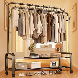 Підлогова вішалка для одягу, 150х110х57см / Подвійна стійка для одягу з полицями / Вішалка в передпокій