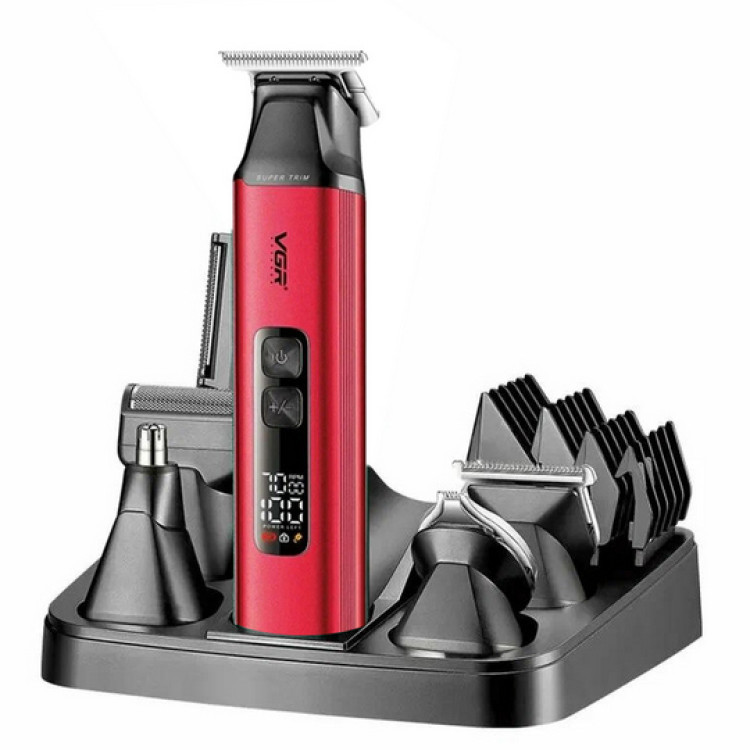 Універсальний набір для стрижки VGR V-117 RED 6 в 1, триммер + 14 насадок, фото 1