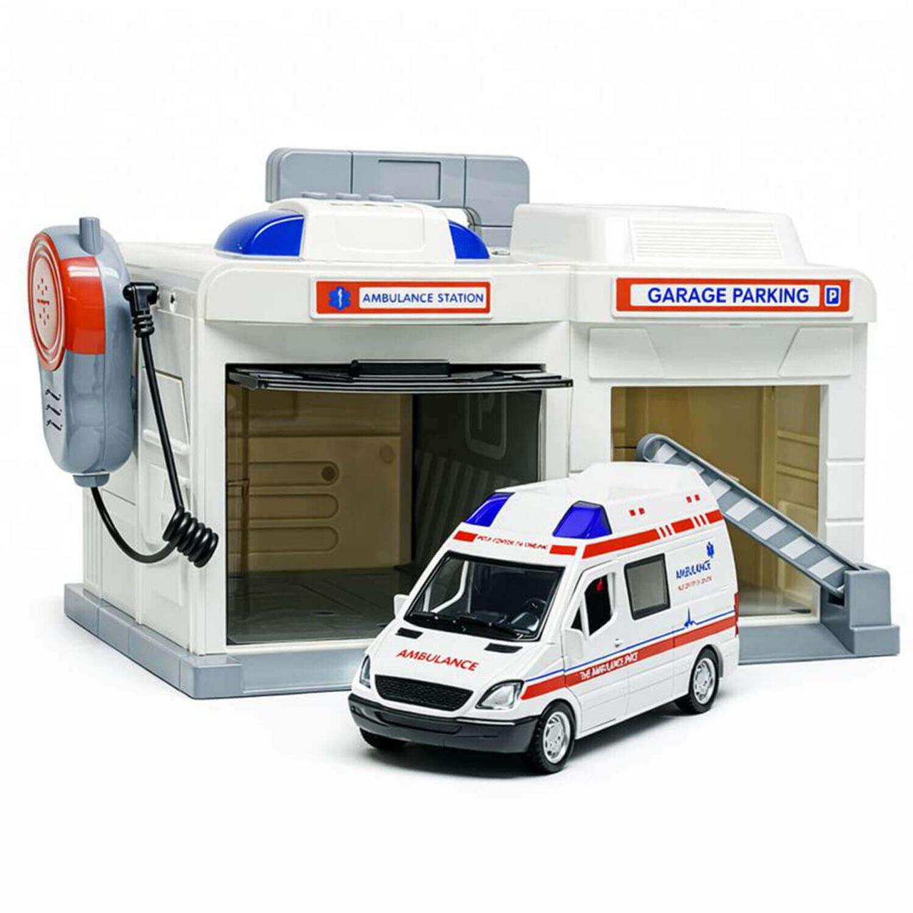 Ігровий набір Гараж Швидка допомога з рацією CLM-557 — металевий автомобіль, світло, звук, сирена, відкривні двері, фото 1