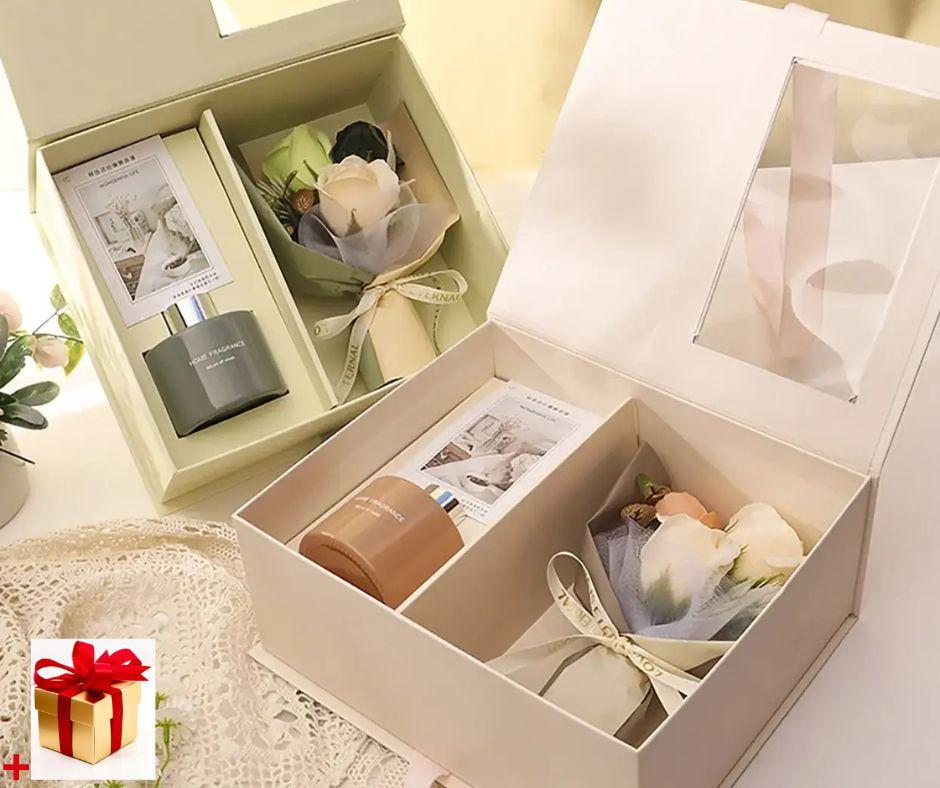 Подарунковий набір мила з троянд і арома свічки Подарунковий бокс з арома свічкою та букетом з мильної рози в святковому пакуванні, фото 1