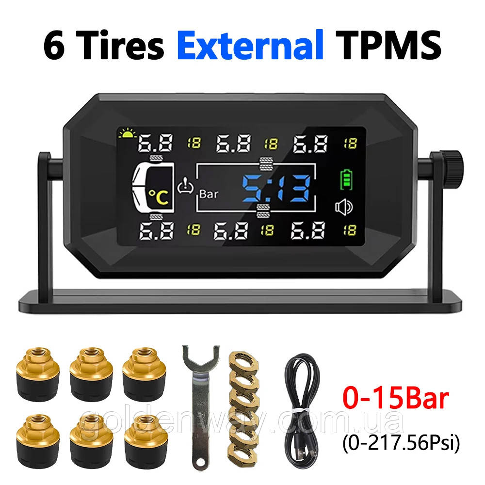 Система контролю тиску в шинах для вантажівки автобуса до 15 бар TPMS бездротова 6 зовнішніх датчиків коліс, фото 1