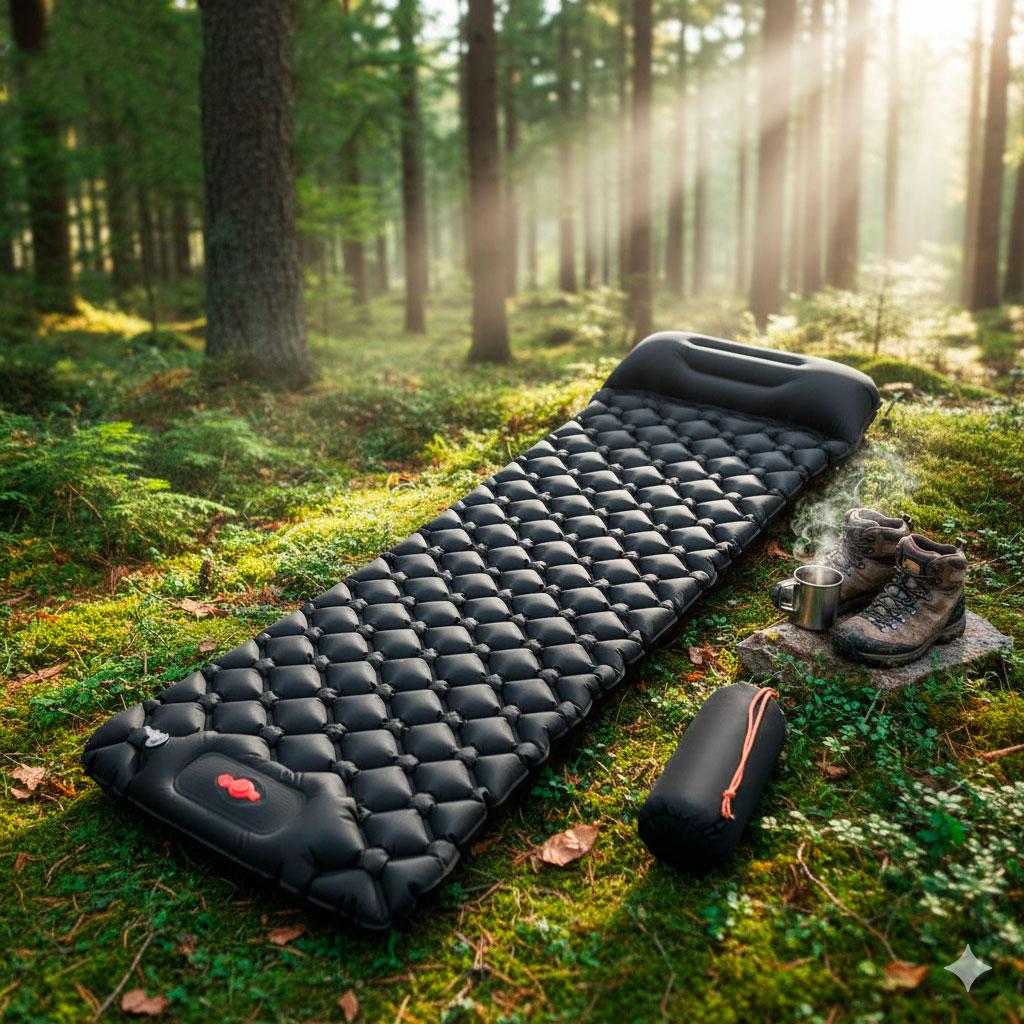 Надувний матрац у намет з подушкою Чорний, 220х70 см, туристичний матрац одномісний (каремат)